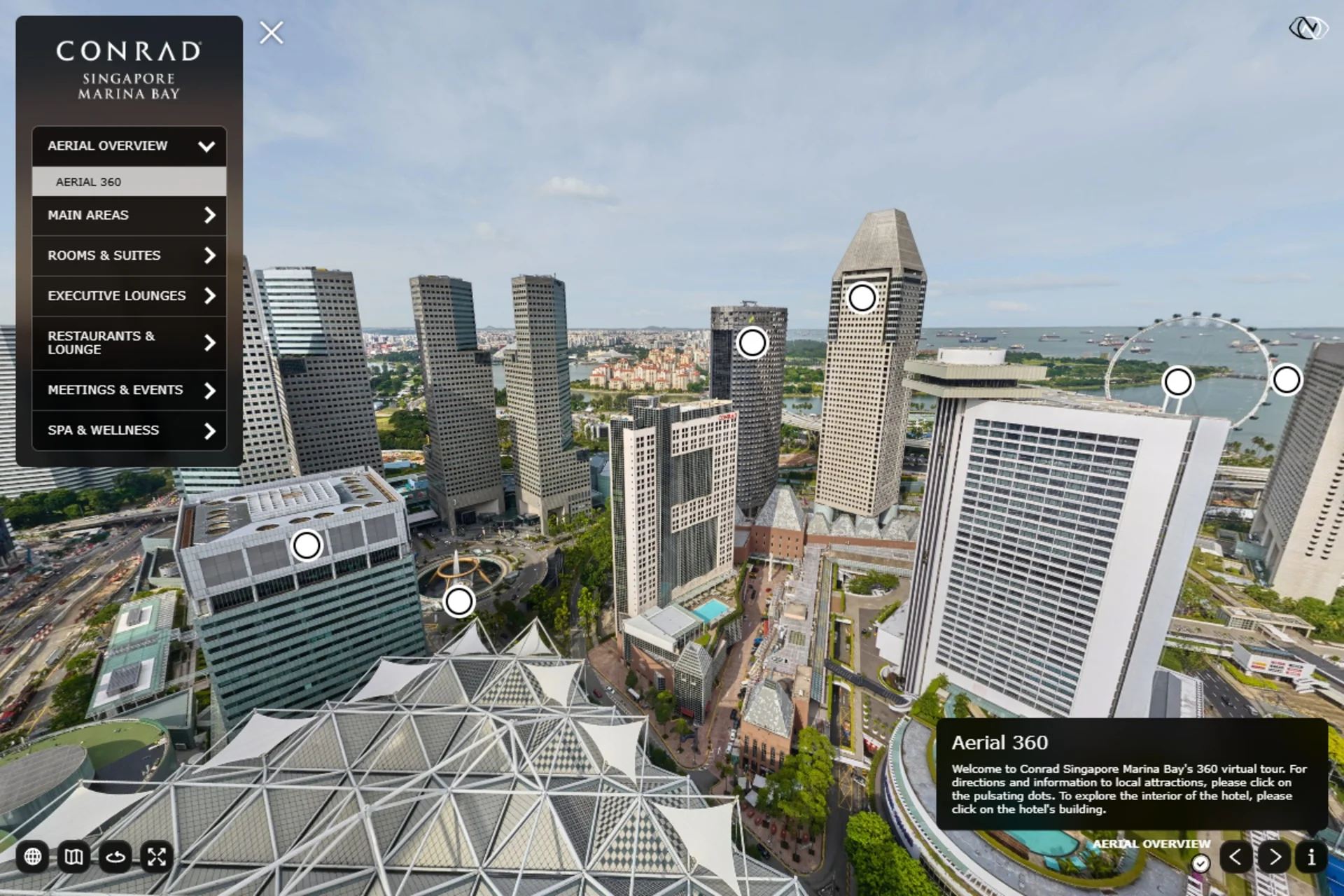 Conrad Singapore Marina Bay virtual tour showing an aerial 360 view of the hotel and surrounding Marina Bay area