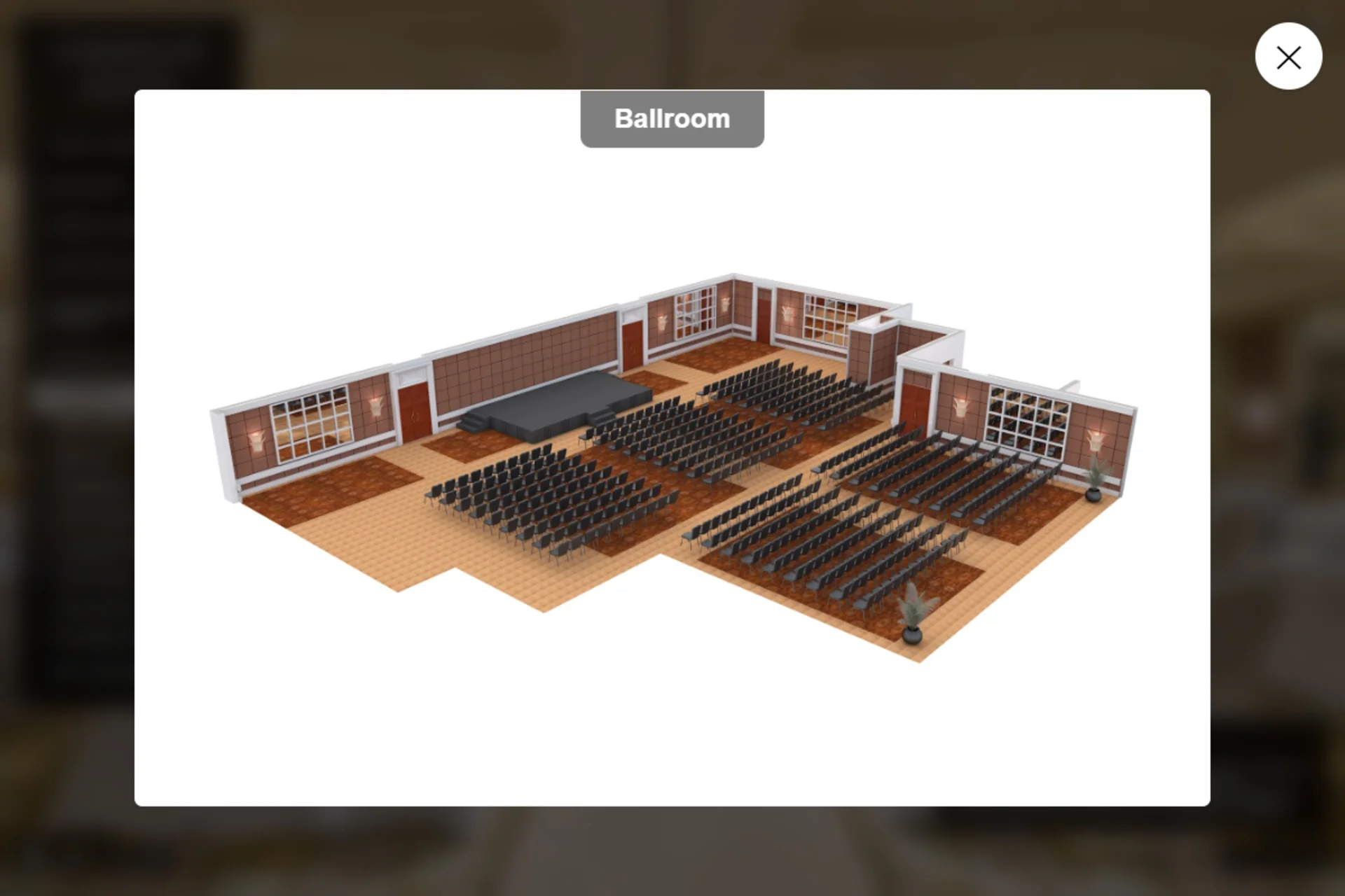 3D floor plan of the Conrad Singapore Marina Bay Ballroom in theatre setup