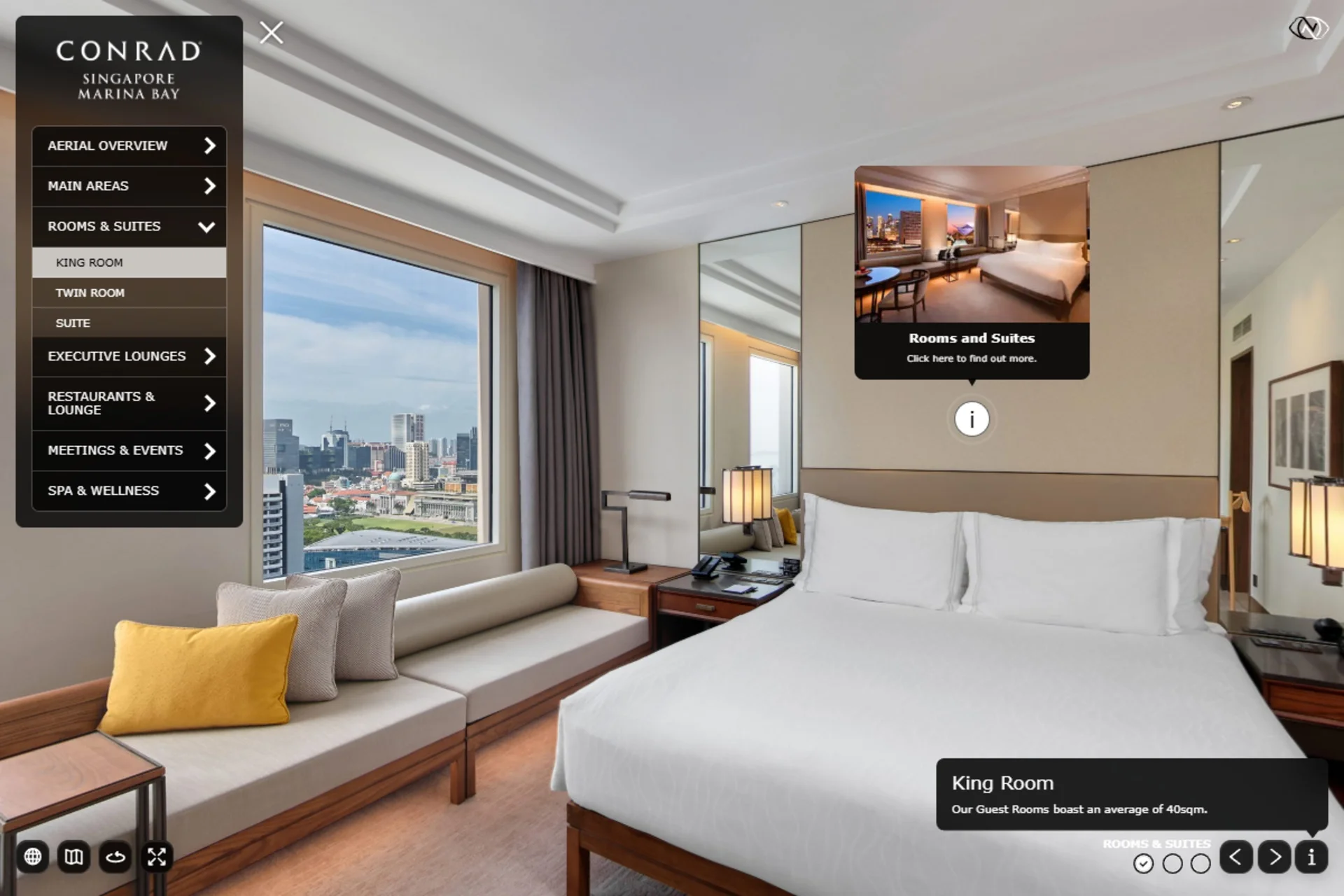 Conrad Singapore Marina Bay King Room virtual tour showing a Rooms and Suites InfoSpot