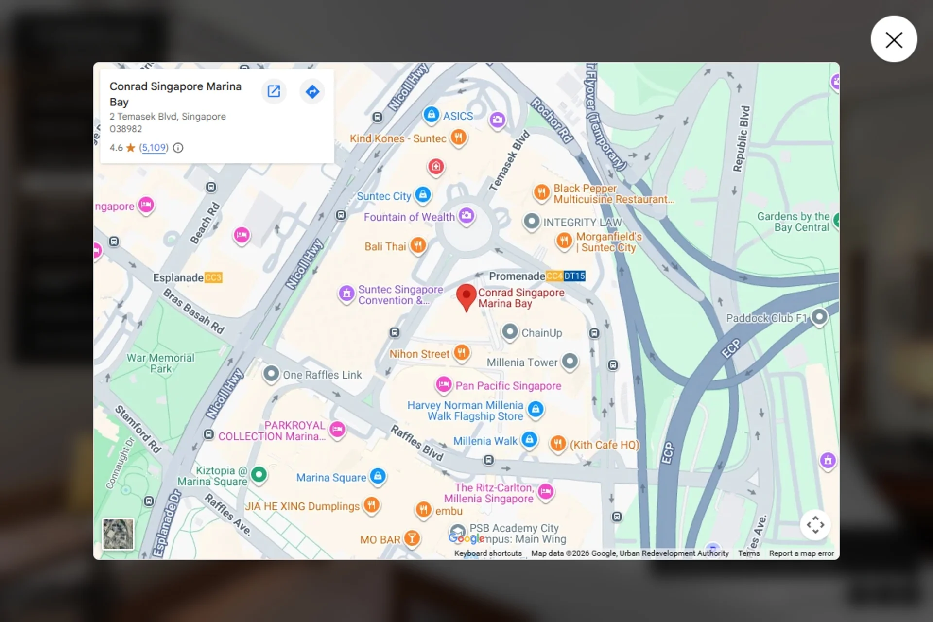 Embedded map in the Conrad Singapore Marina Bay virtual tour showing the hotel’s location near Suntec City