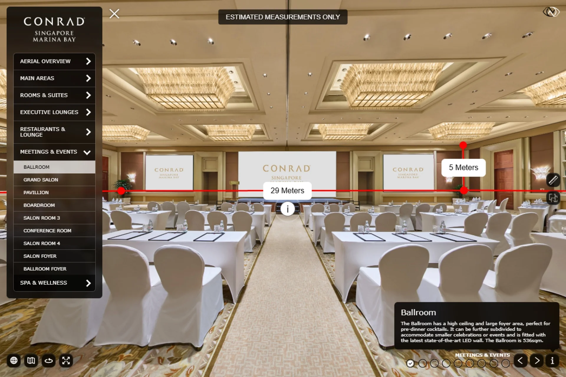 Conrad Singapore Marina Bay Ballroom virtual tour showing estimated measurements of 29 metres wide and 5 metres high