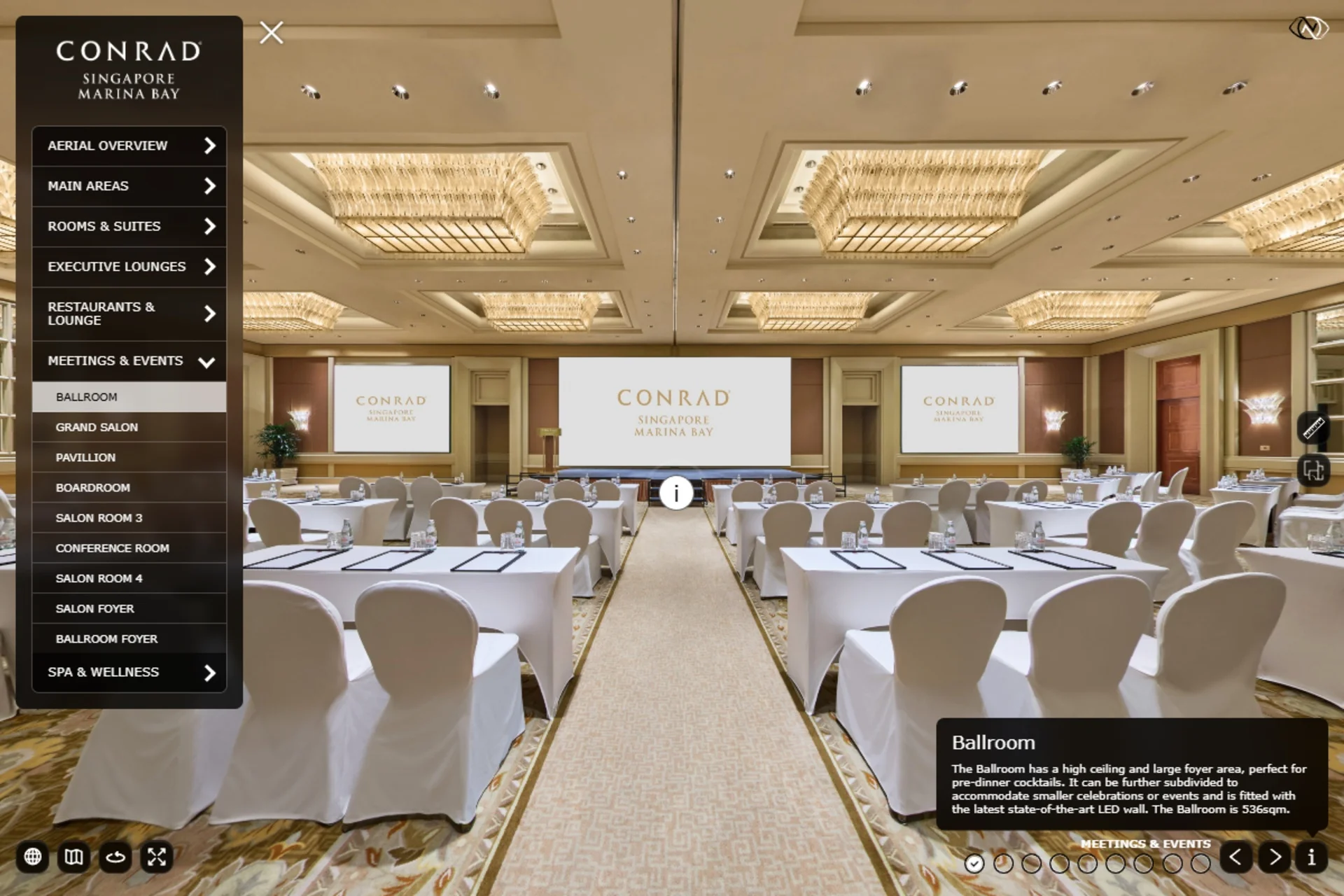 Conrad Singapore Marina Bay virtual tour showing the Ballroom with Meetings and Events navigation and MICE controls