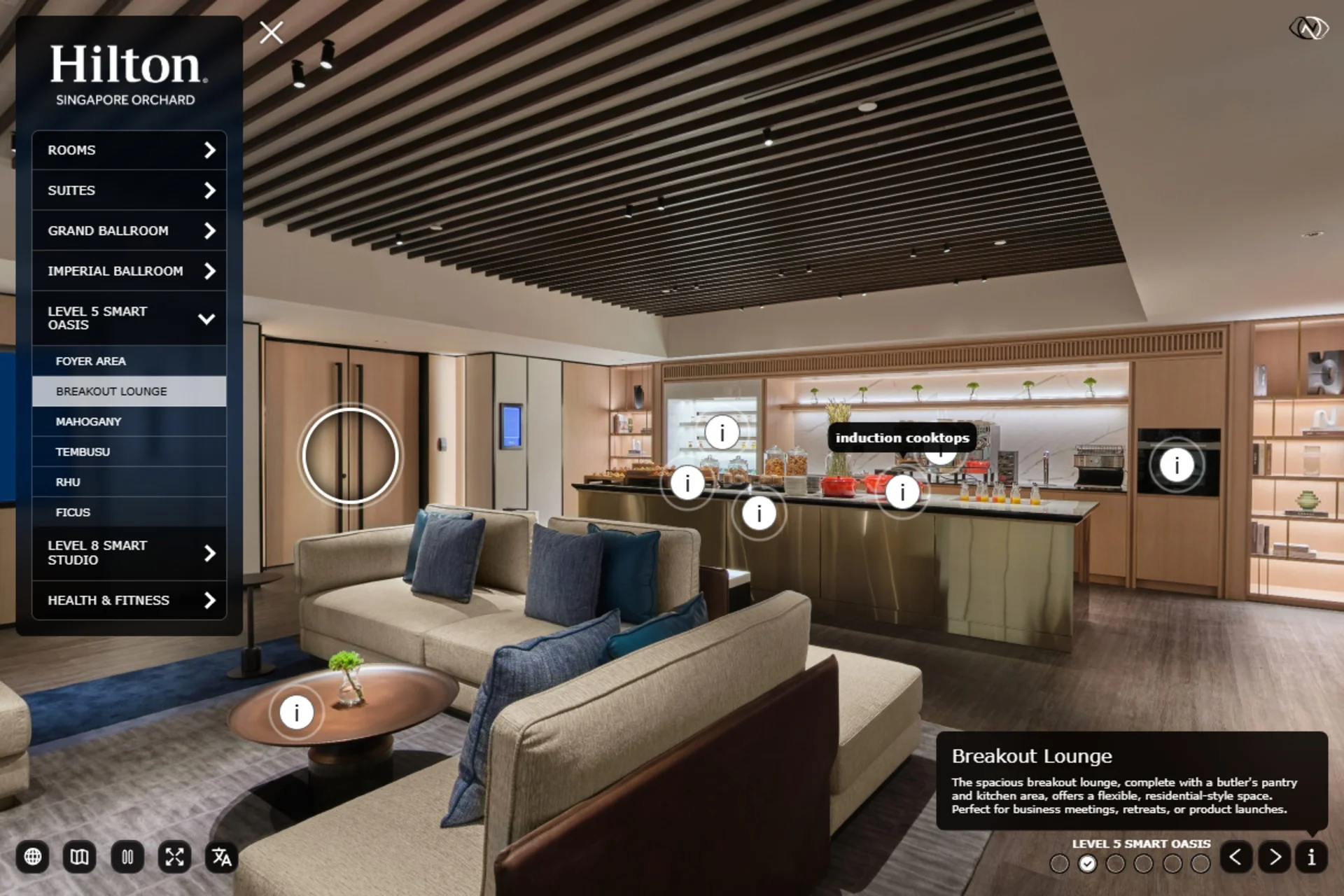 Hilton Singapore Orchard virtual tour showing interactive InfoSpots in the Level 5 Breakout Lounge