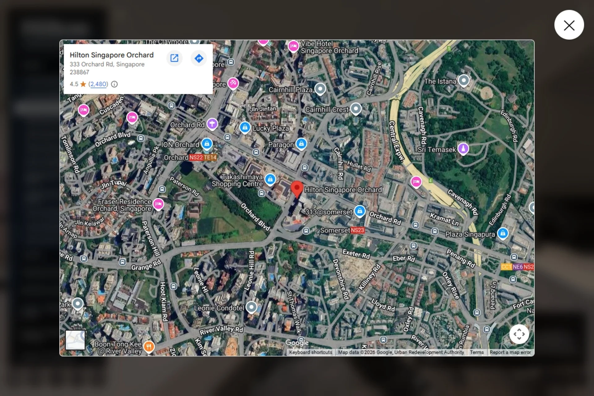 Embedded map in the Hilton Singapore Orchard virtual tour showing the hotel’s location on Orchard Road