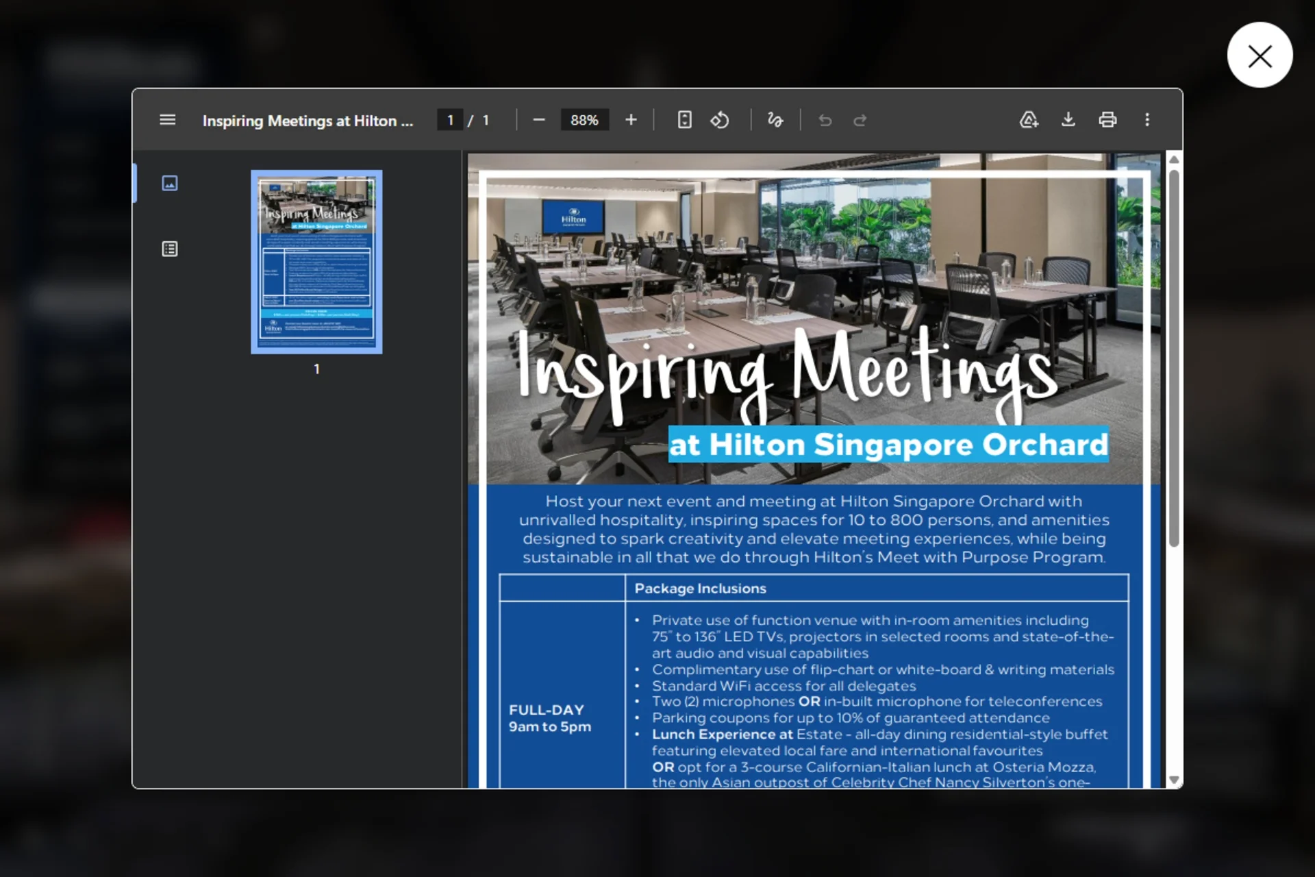 Hilton Singapore Orchard virtual tour displaying the Inspiring Meetings package PDF