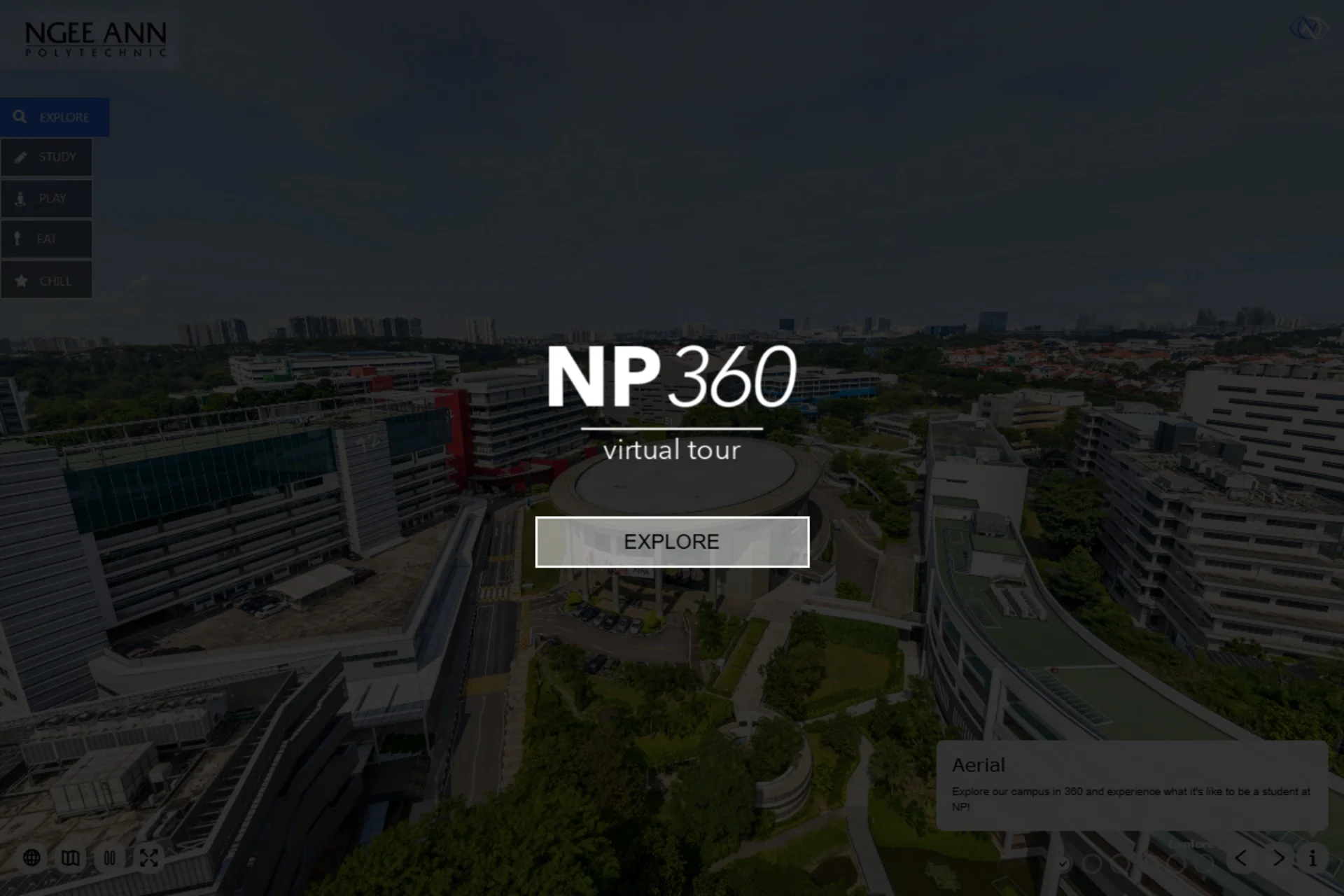 NP360 opening screen over the aerial campus panorama.