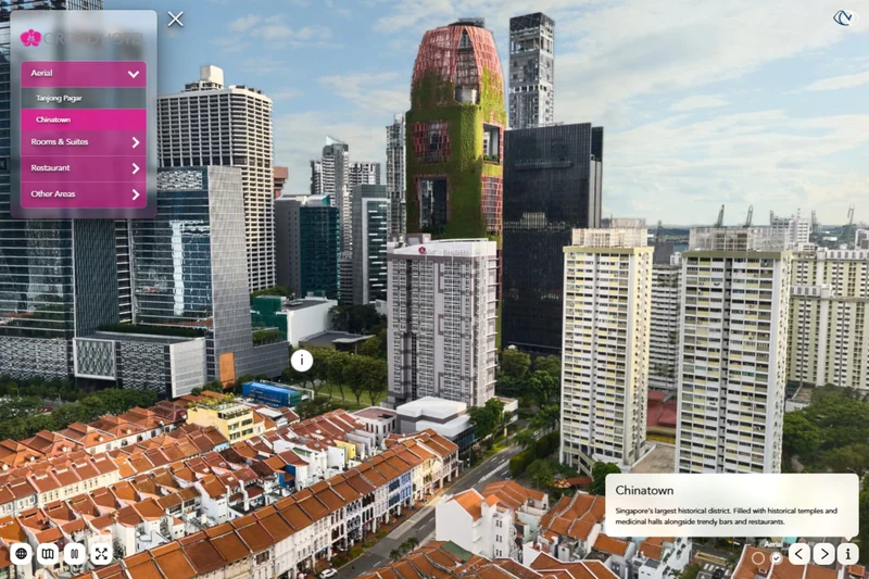 Hotel virtual tour aerial view from Orchid Hotel showing Singapore Chinatown shophouses and Tanjong Pagar skyline
