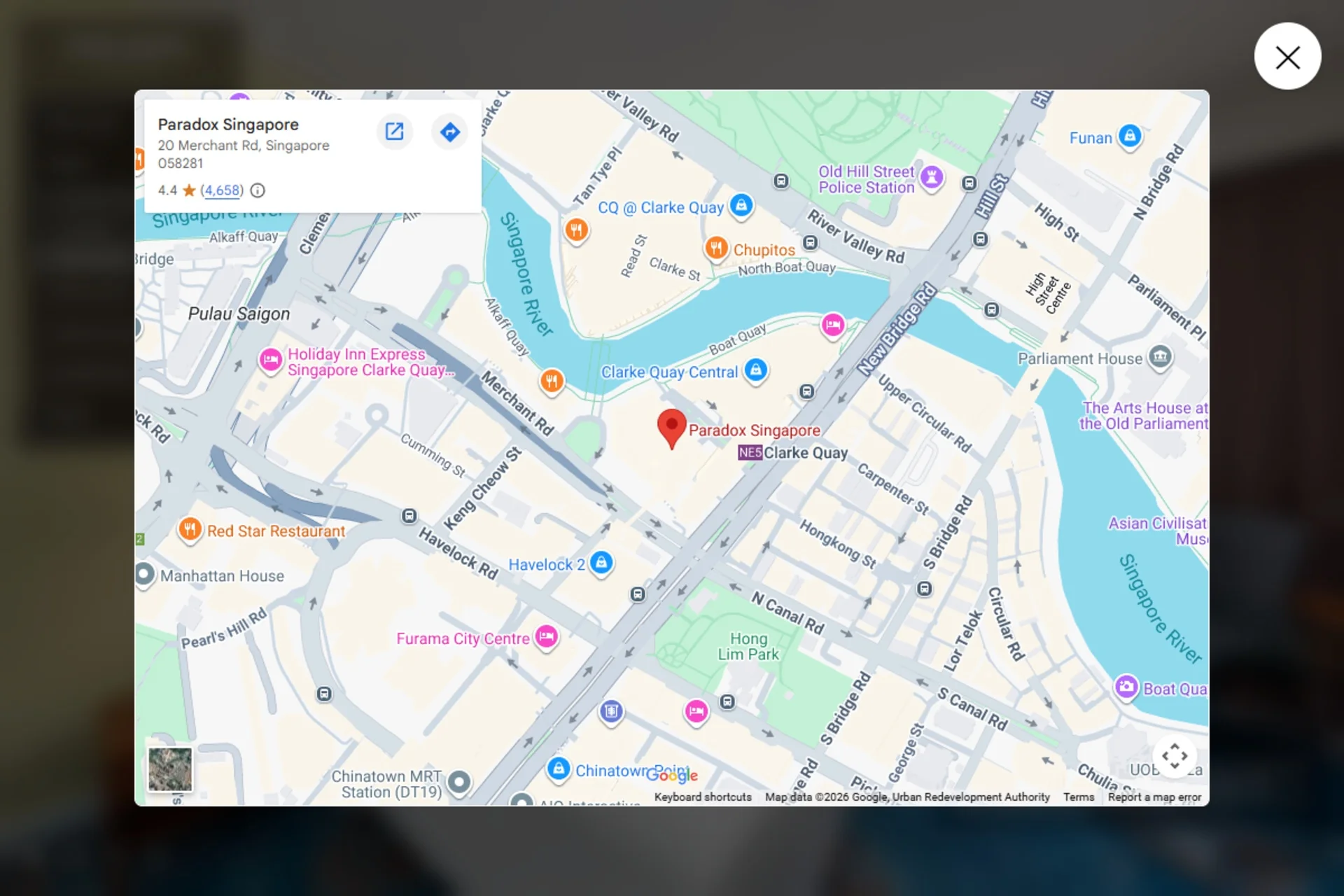 Google map inside the Paradox Singapore virtual tour showing the hotel beside Clarke Quay and the Singapore River