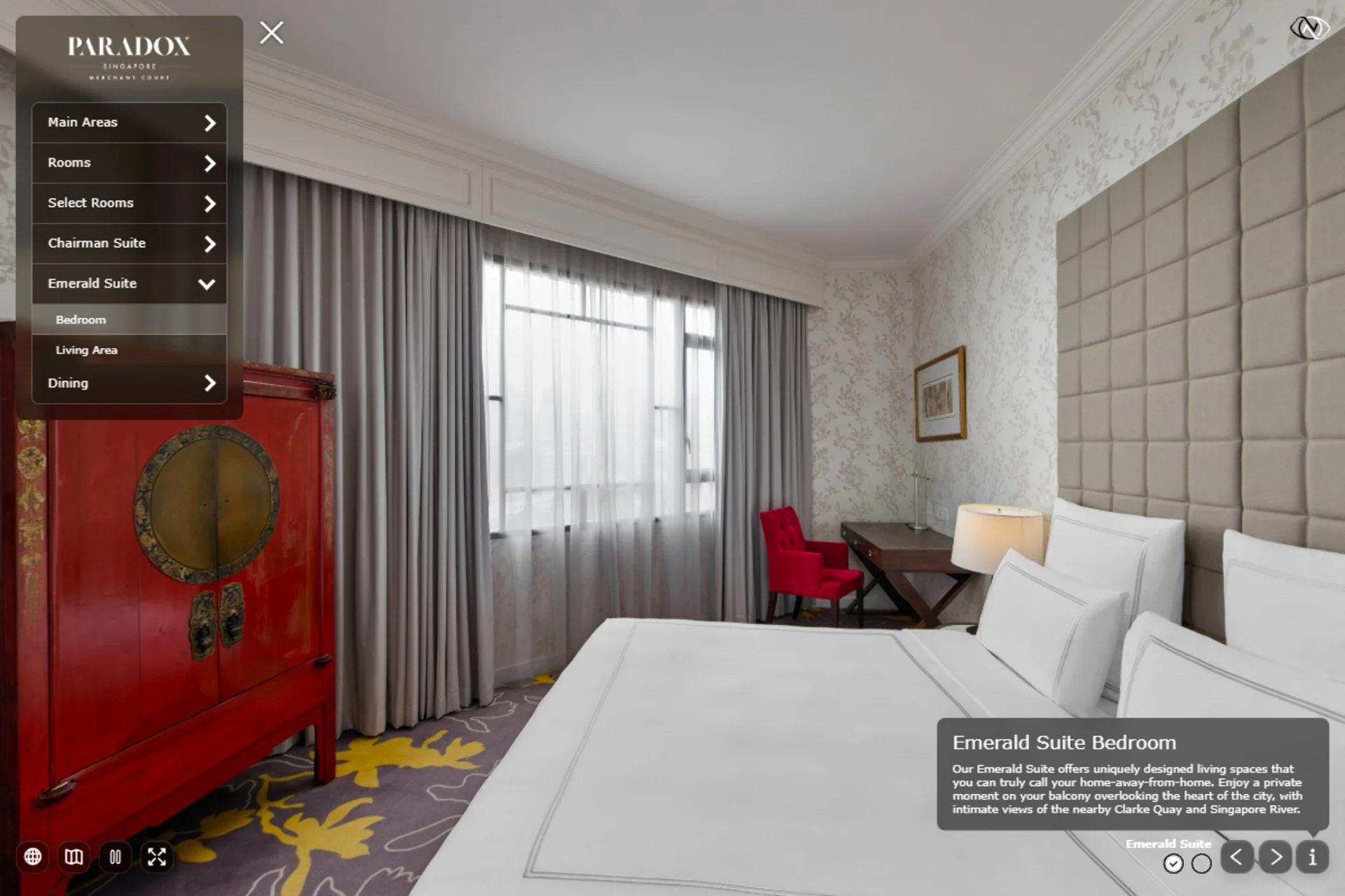Paradox Singapore virtual tour navigation menu with the Emerald Suite section expanded