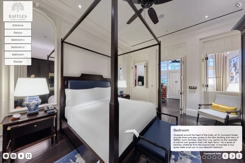 Luxury hotel virtual tour of Raffles Hotel Singapore colonial Courtyard Suite with four-poster canopy bed