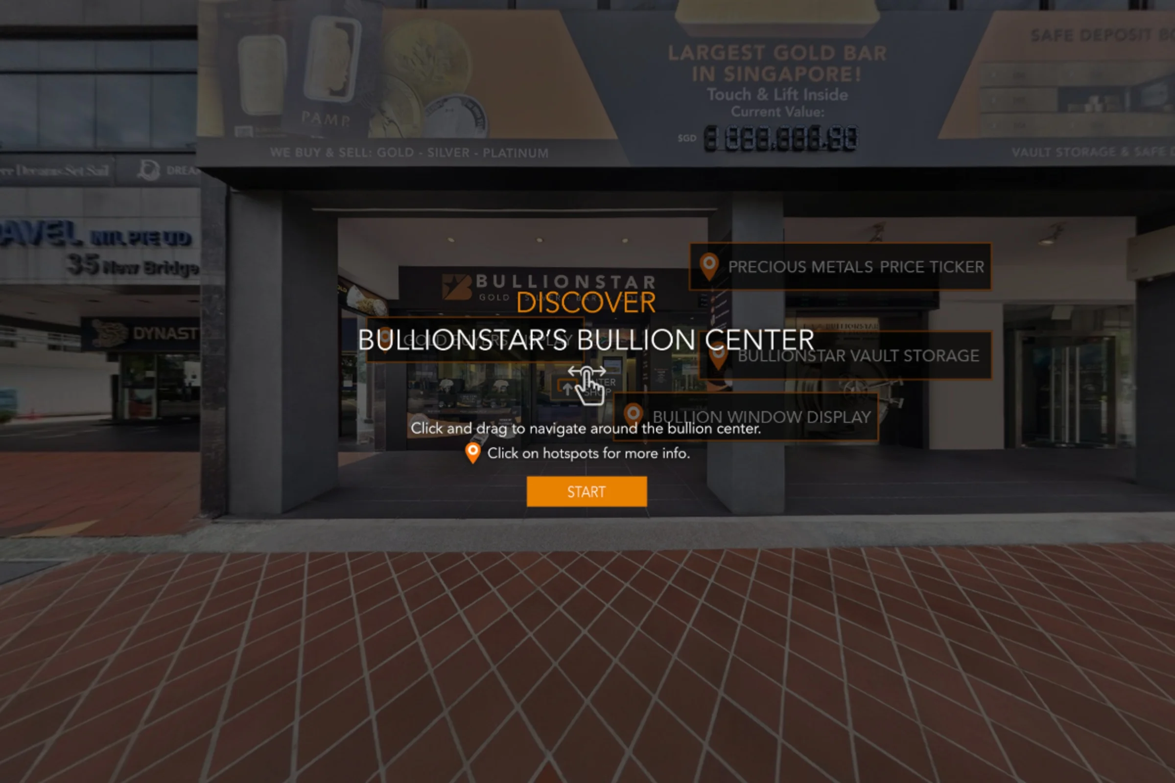 BullionStar Singapore virtual tour landing page showing bullion center storefront with vault door and price ticker