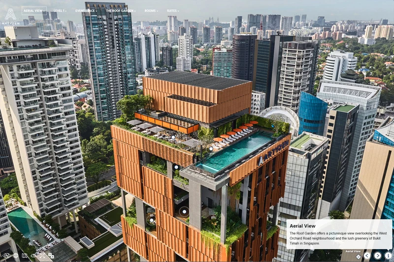 Artyzen Singapore hotel virtual tour aerial 360 panorama showing rooftop pool and Orchard Road