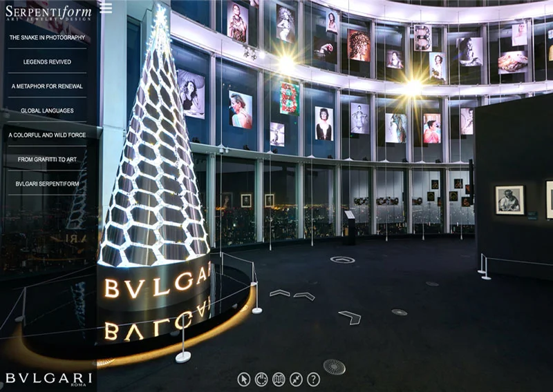 Exhibition virtual tour of Bulgari Serpentiform Tokyo showing colorful serpent sculptures and yellow polka-dot snake artwork