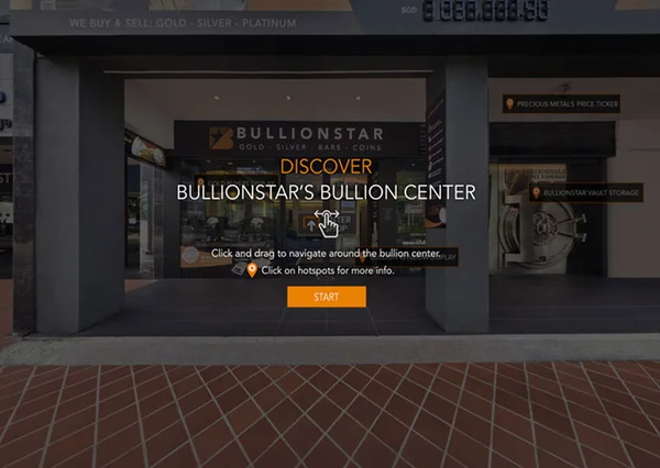 Retail virtual tour of BullionStar Singapore showroom with monitoring screens, sensors, and navigation interface