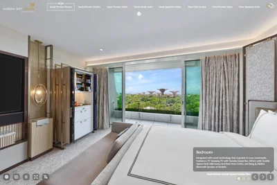 Marina Bay Sands hotel virtual tour showing Sands Premier Double Queen bedroom with garden view of Supertrees