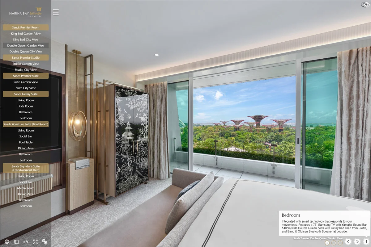 Marina Bay Sands hotel virtual tour showing Sands Premier Double Queen bedroom with garden view of Supertrees
