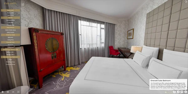 Hotel virtual tour of Paradox Singapore Emerald Suite bedroom with king bed, red Chinese cabinet, and balcony