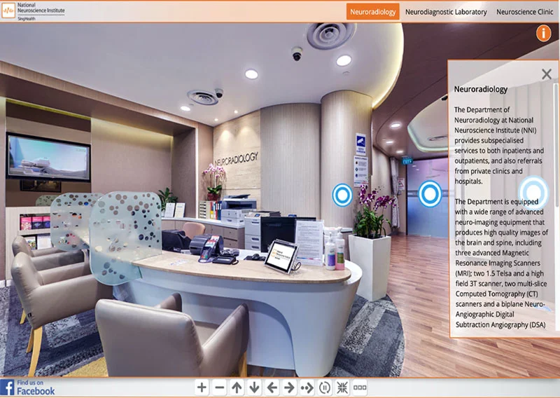 Virtual tour of NNI Neuroradiology Department reception with modern curved desk and comfortable seating area