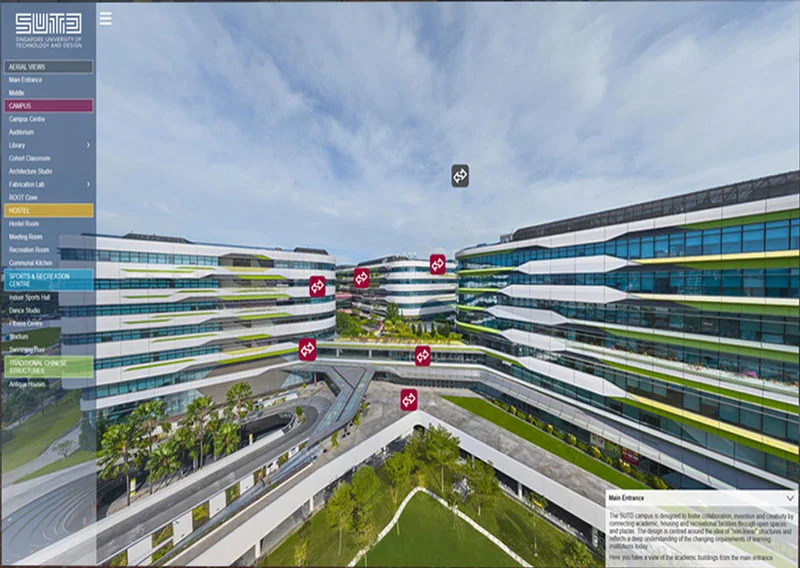 University virtual tour aerial view of SUTD campus showing modern white-finned academic buildings with landscaped courtyards