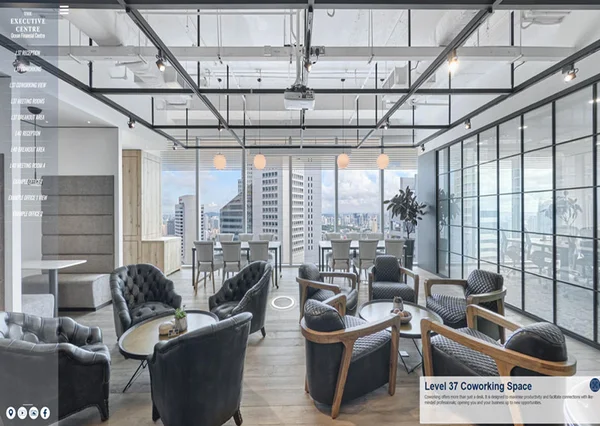 Office virtual tour of The Executive Centre at Ocean Financial Singapore showing co-working lounge with city skyline views