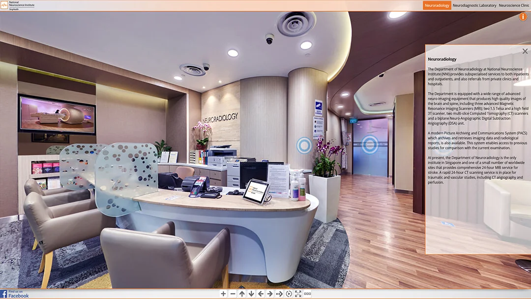 NNI Neuroradiology Department reception virtual tour with info panel describing MRI and CT services