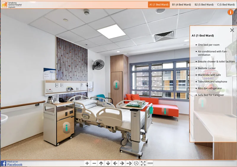 SKGH A1 single bed ward with hospital bed, orange sofa for caregiver, and bedside amenities