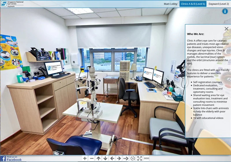SNEC eye clinic consultation room with slit lamp microscope and ophthalmic examination equipment